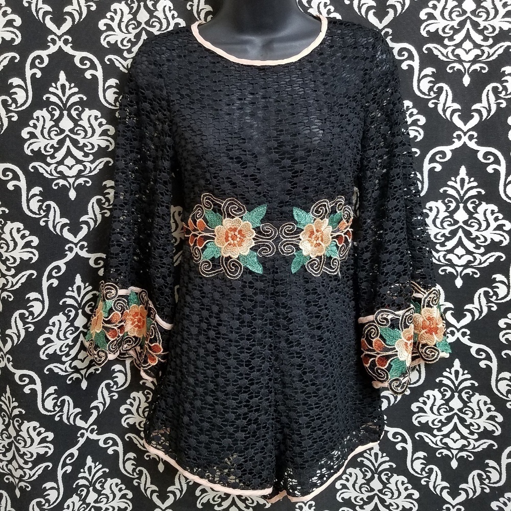 MESH NET BLACK SOLARIS STYLE CROCHET EMBROIDERED ROMPER JUMPER ROSES